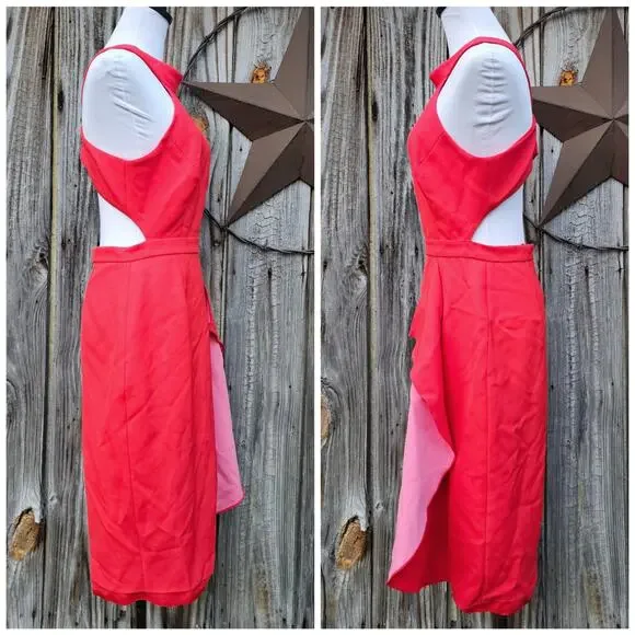 Cut Out Halter Dress BCBGMaxAzria Maryssa Size 10 Red/Orange Pink Stretch Ruffle - Picture 2 of 11